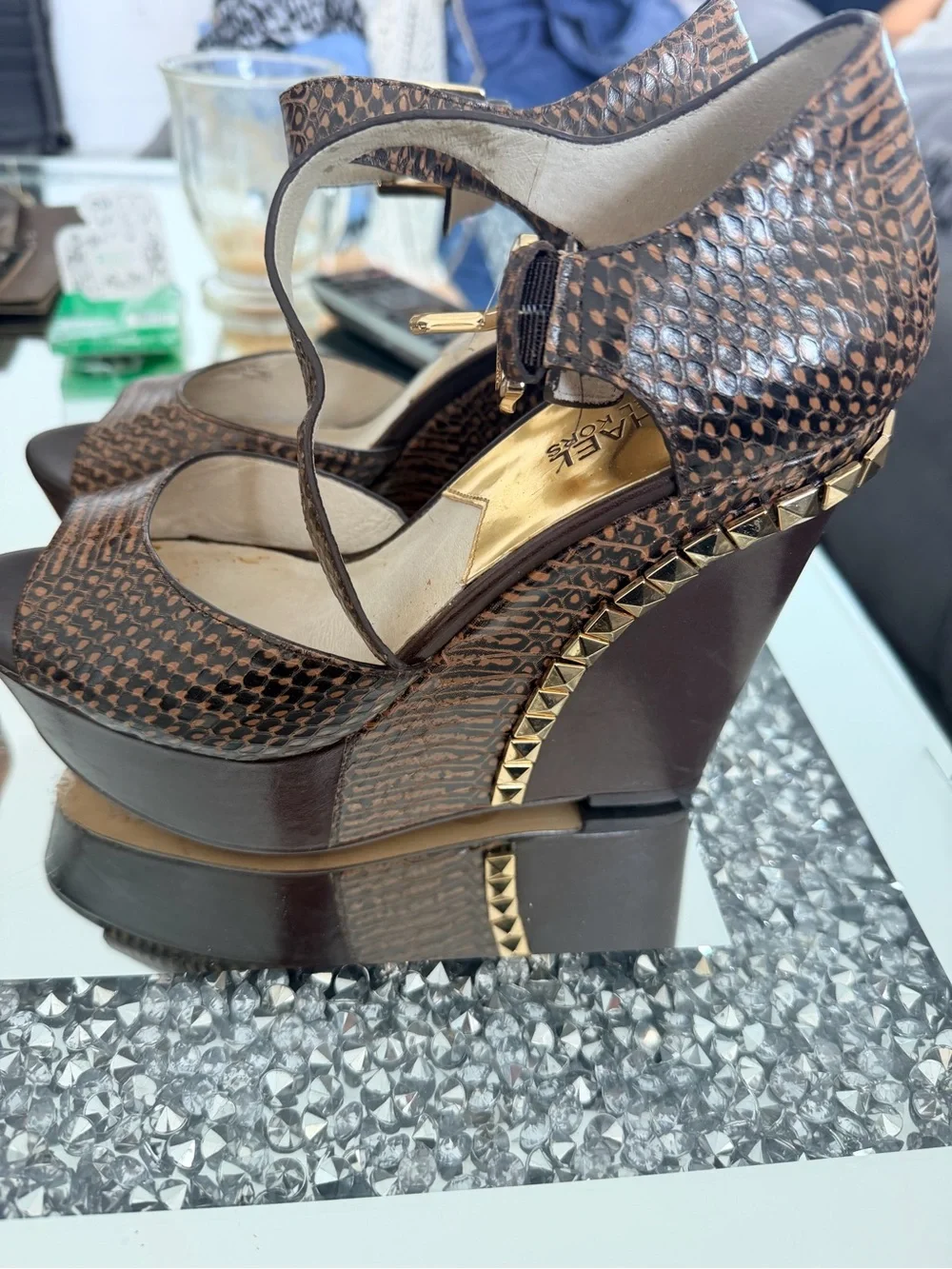 Michael Kors Brown Snake-Print Studded Wedge Sandals